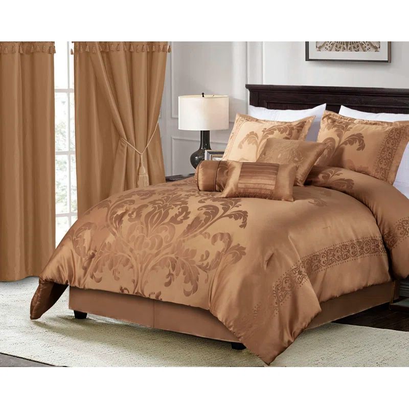 King Copper Jacquard Floral Comforter Set with Decorative Pillows
