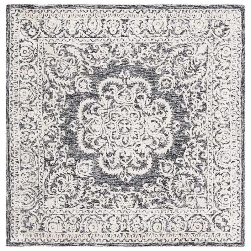 Handmade Black and Ivory Wool Tufted Square Rug
