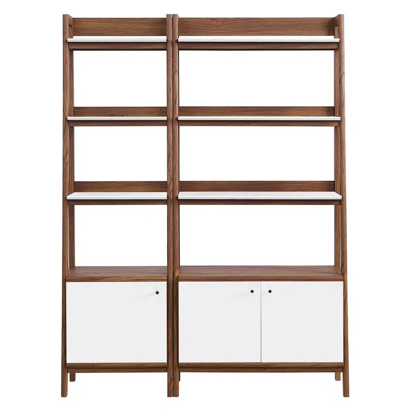 Walnut White Tiered Wood Bookshelves with Concealed Storage