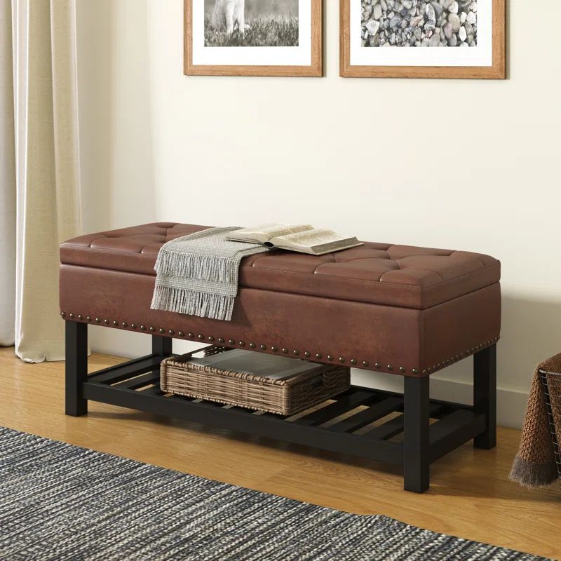 Distressed Saddle Brown Tufted Faux Leather Storage Bench