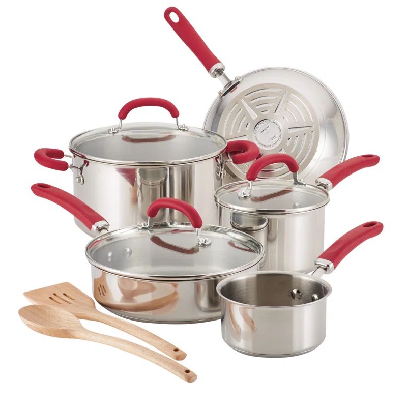 10-Piece Stainless Steel Cookware Set with Red Handles