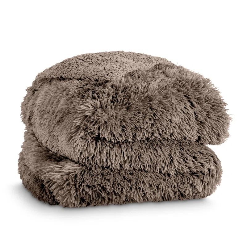 Taupe Full/Queen Shaggy Faux Fur Sherpa Reversible Blanket