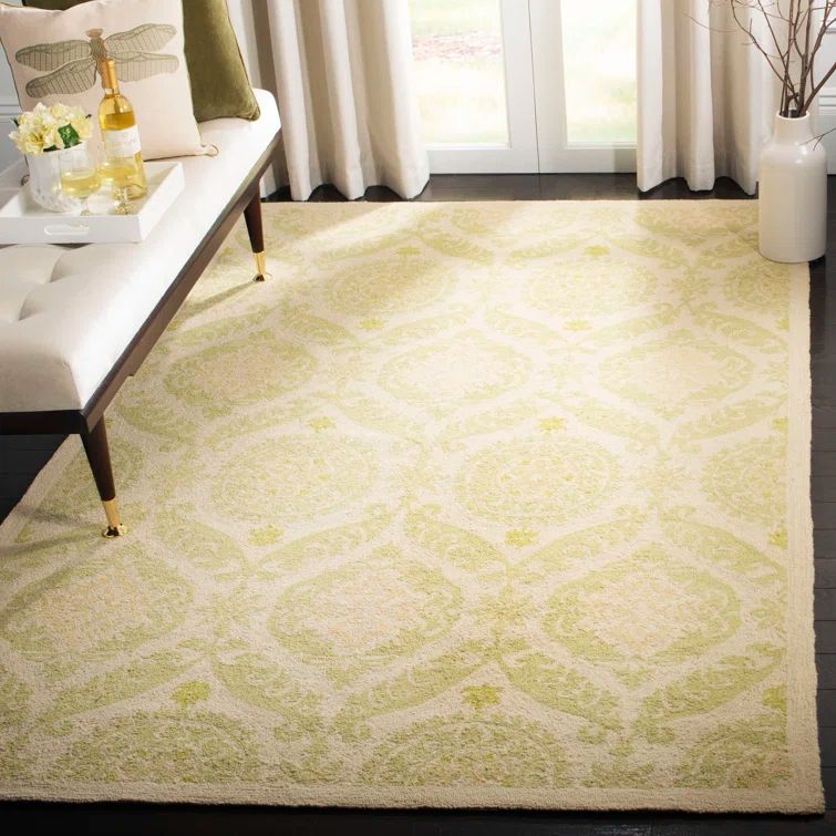 Ivory and Green Floral Hand-Hooked Wool Round Rug