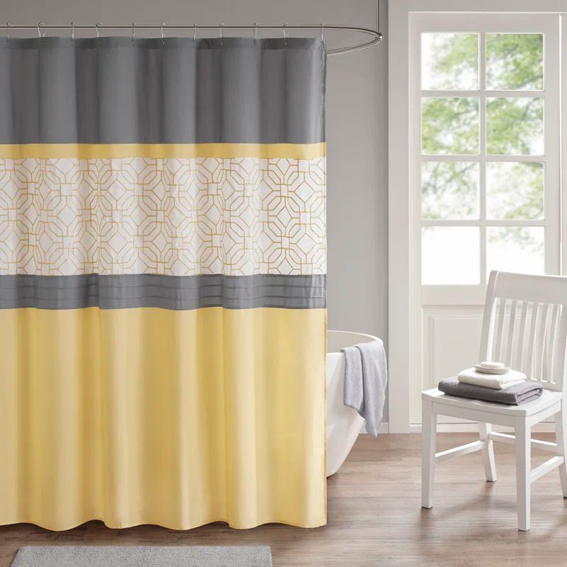 Yellow and Gray Geometric Embroidered Fabric Shower Curtain with Liner