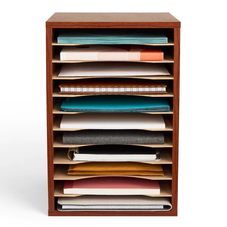 Cherry Wood 11-Compartment Desktop Organizer with Adjustable Shelves