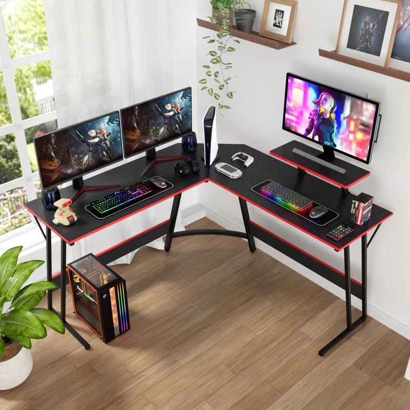 Black L-Shaped Gaming Desk with Particleboard Surface