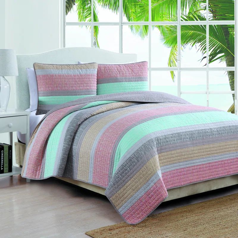 Delray Multi-Color Striped Twin Microfiber Quilt Set