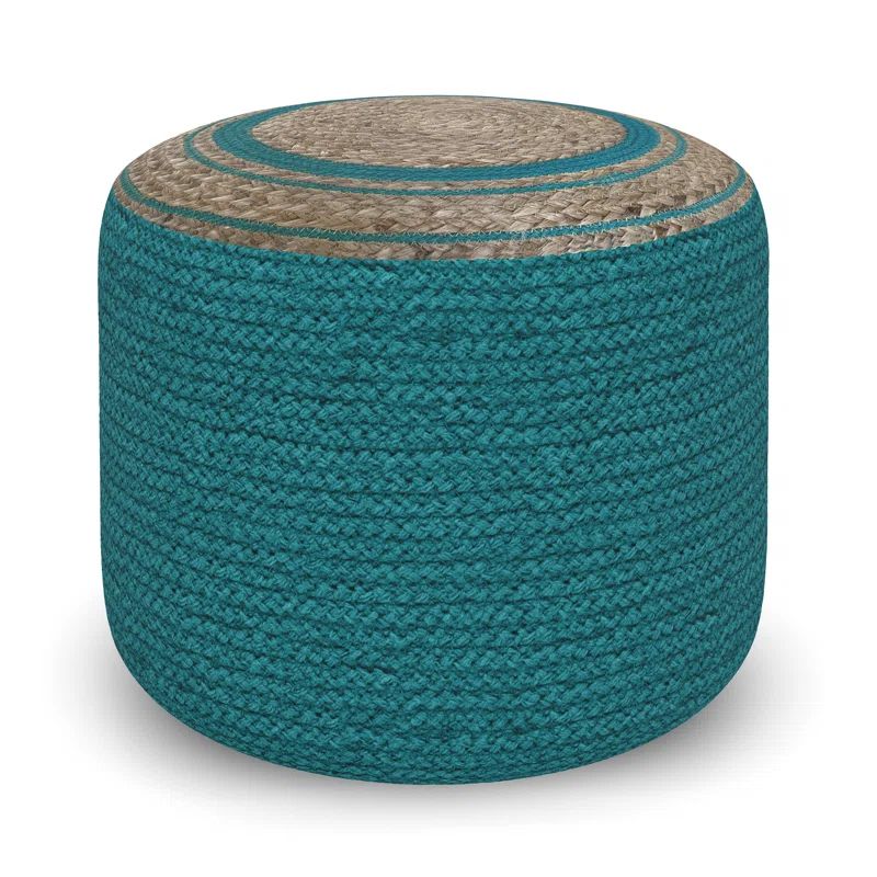 Deep Aqua Blue and Beige Round Braided Cotton Pouf