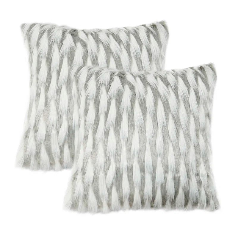 Gray and White Faux Fur Embroidered 20" Pillow Covers