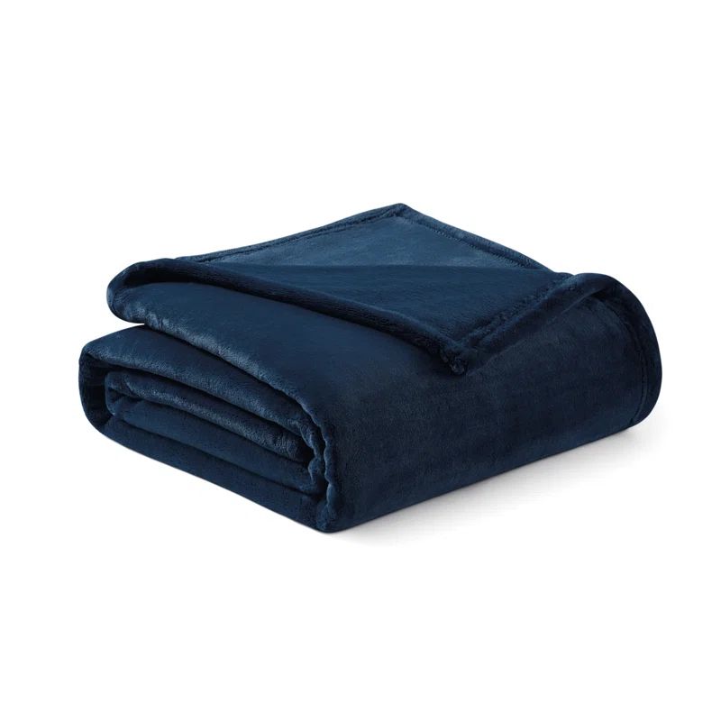 Navy Blue Plush Polyester Machine Washable Throw Blanket