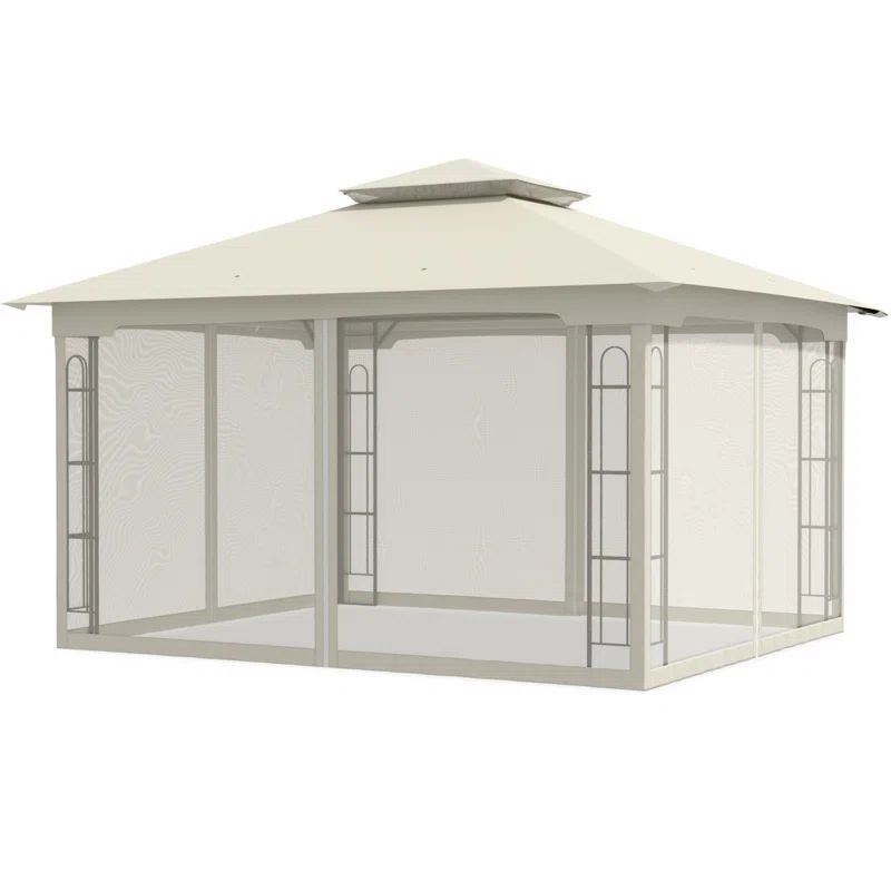 Beige 13 ft x 11 ft Metal Patio Gazebo with Netting