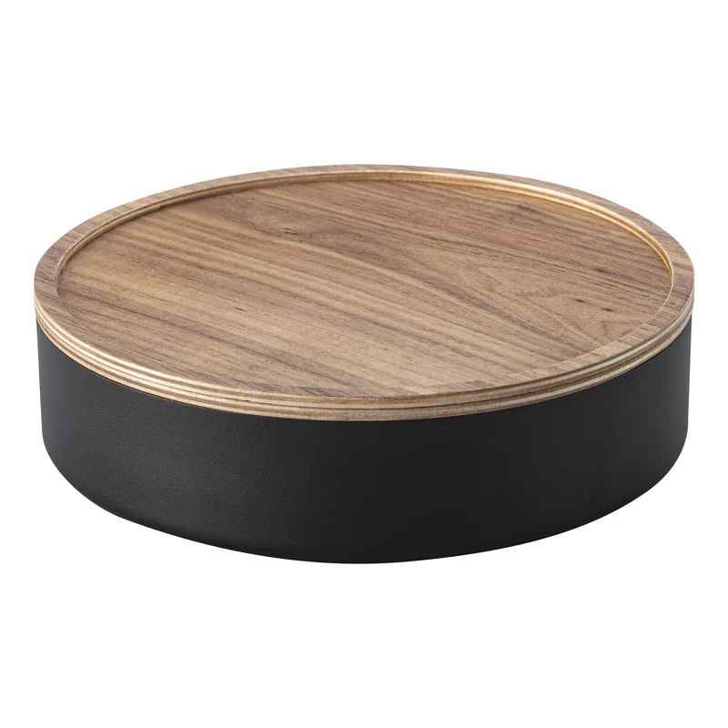 Black Steel and Wood Round Storage Bin