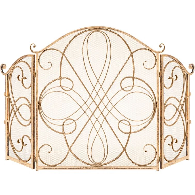 Gold Three-Panel Wrought Iron Fireplace Screen with Mesh