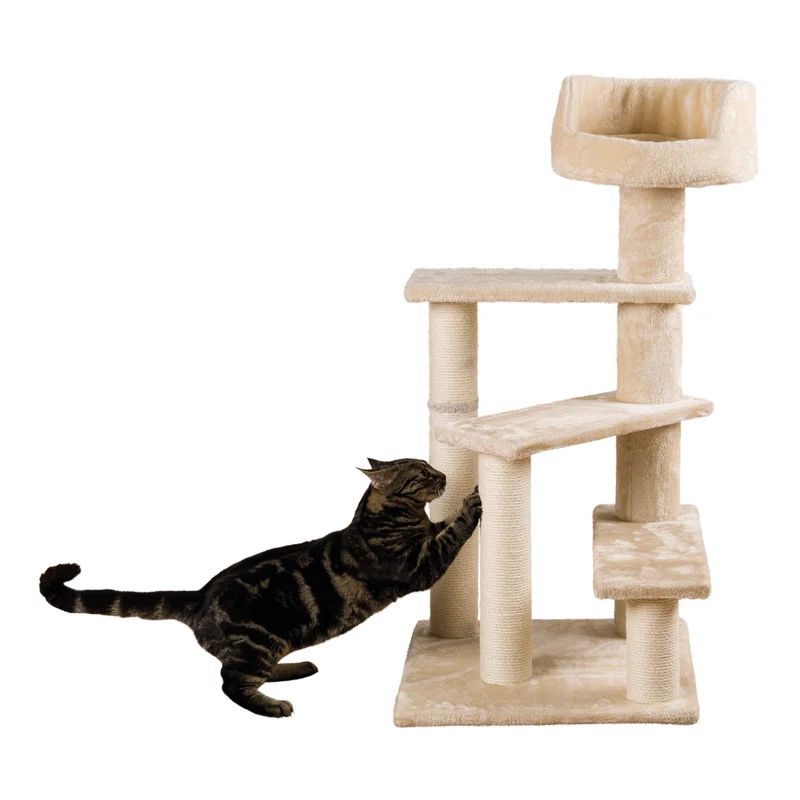 Beige Plush and Sisal 4-Level Cat Tree with Bed