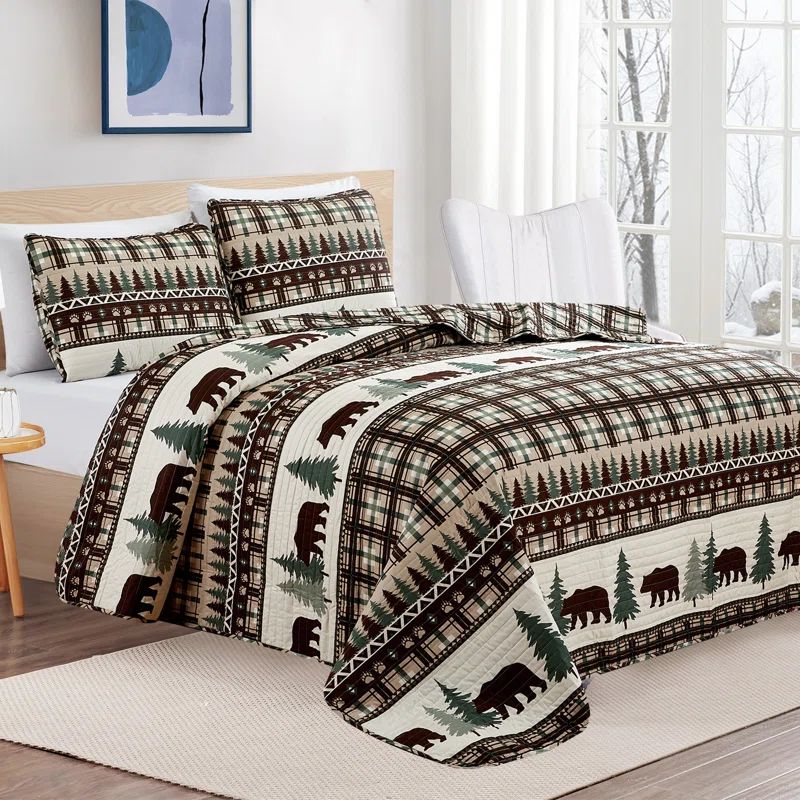 Twin Chocolate and Green Reversible Lodge Plaid Quilt Set