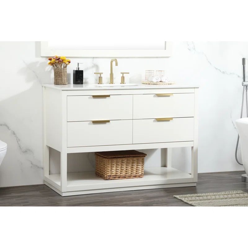 Larkin 48'' White Solid Wood Single Bathroom Vanity with Engineered Marble Top