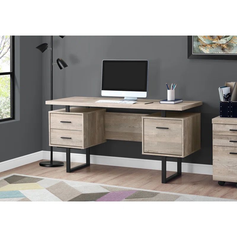 Transitional Taupe 60" Home Office Desk with Filing Cabinet