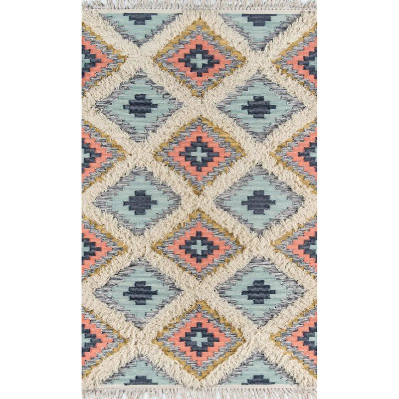 Handmade Blue Geometric Wool 5' x 7' Area Rug