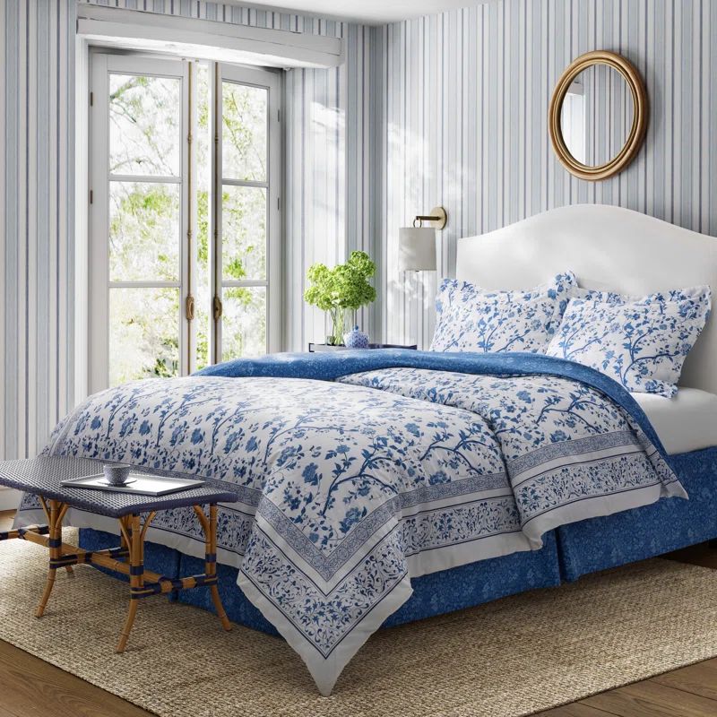 Charlotte Blue and White Cotton Queen Reversible Comforter Set