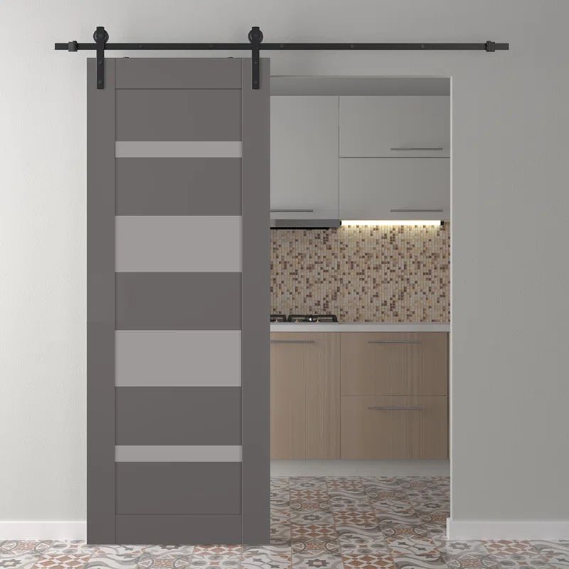 Matte Gray Solid Composite Barn Door with Frosted Glass Panels