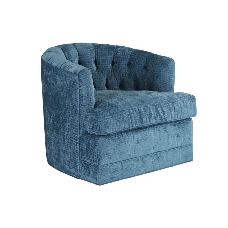 Blue Tufted Leather Swivel Barrel Chair with Manufactured Wood Frame