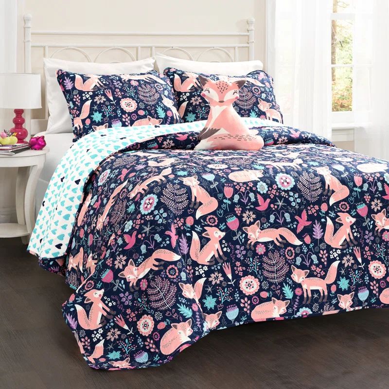 Navy and Pink Full Microfiber Reversible Quilt Set for Girls