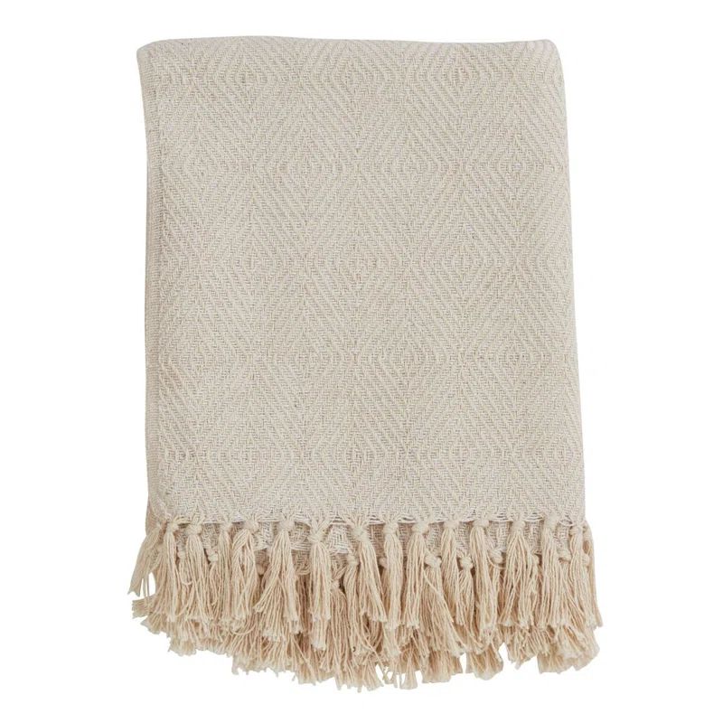 Ivory Cotton Diamond Weave Throw Blanket with Fringe