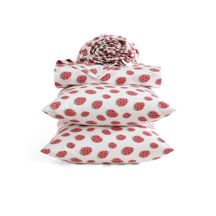Full Cotton Percale Pink Strawberry Print Sheet Set