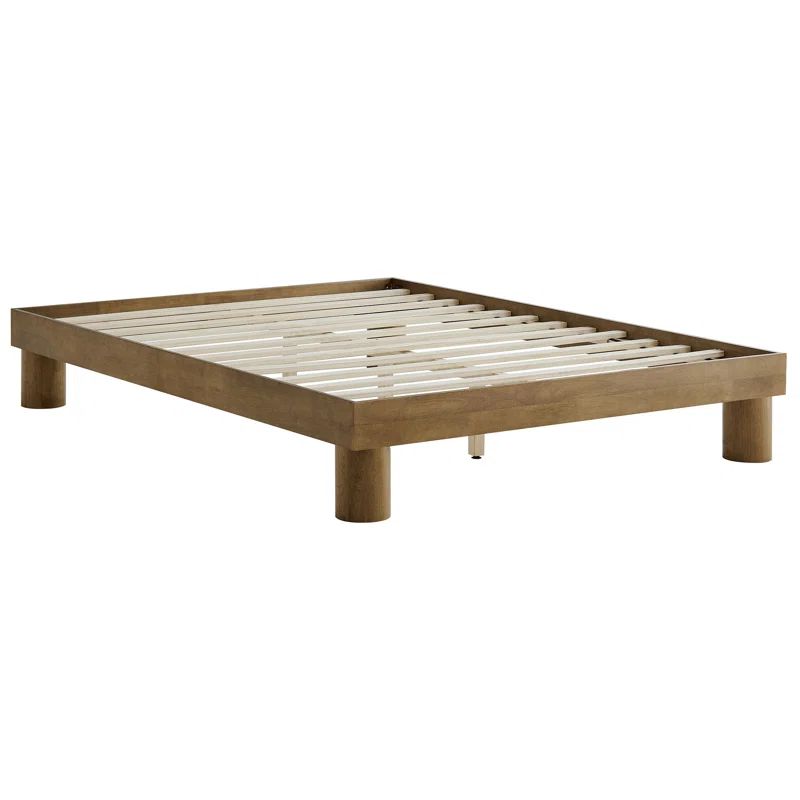 French Oak Queen Wood Platform Bed with Upholstered Frame