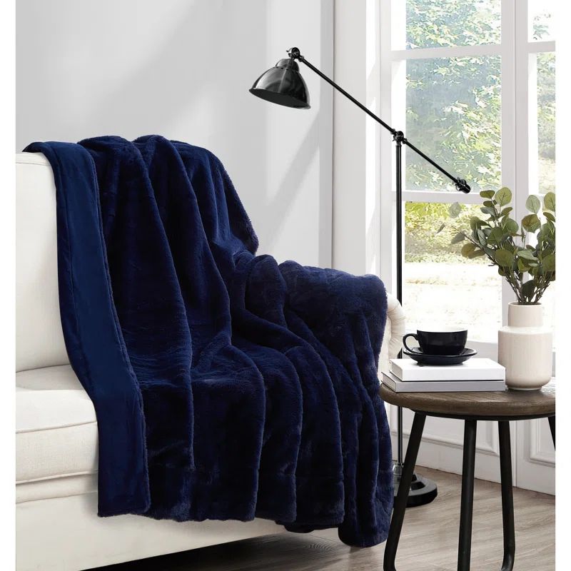 Navy Blue Faux Rabbit Fur Reversible Throw Blanket 60x70