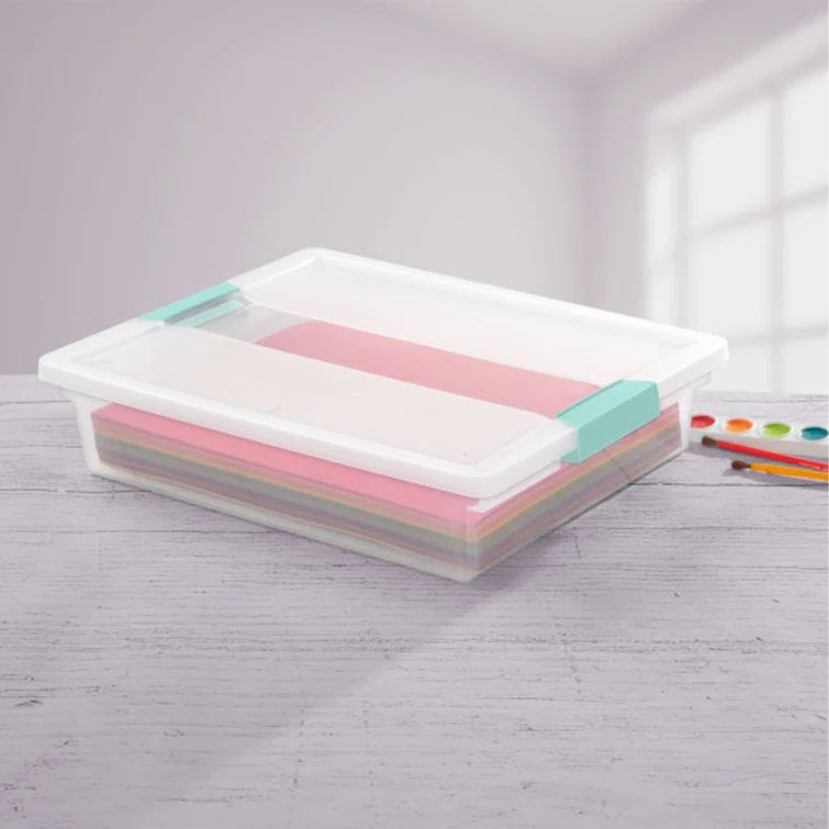 Large Clear Plastic Stackable Storage Bin with Aqua Latching Lid, 18-Pack