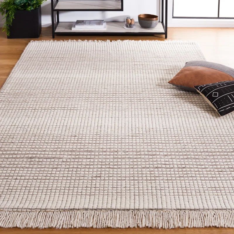 Ivory and Dark Brown Handwoven Wool 8' x 10' Area Rug