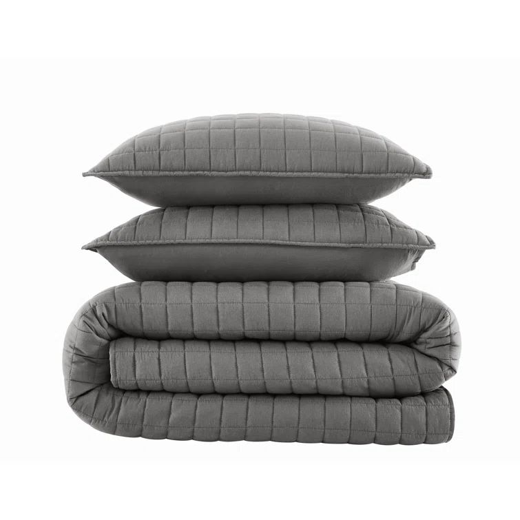 Gray Twin Cotton Quilt Set with Soft Percale Weave