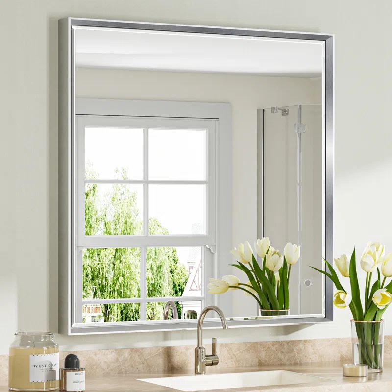 36" Silver Beveled Square Bathroom Vanity Mirror