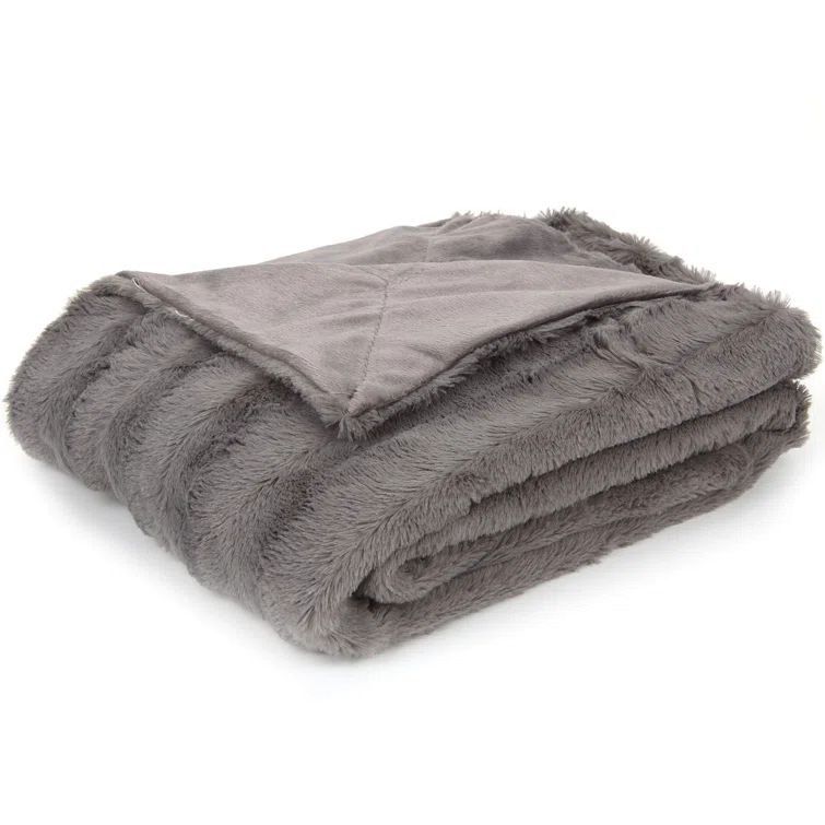 Gray Reversible Faux Fur and Microplush Throw Blanket