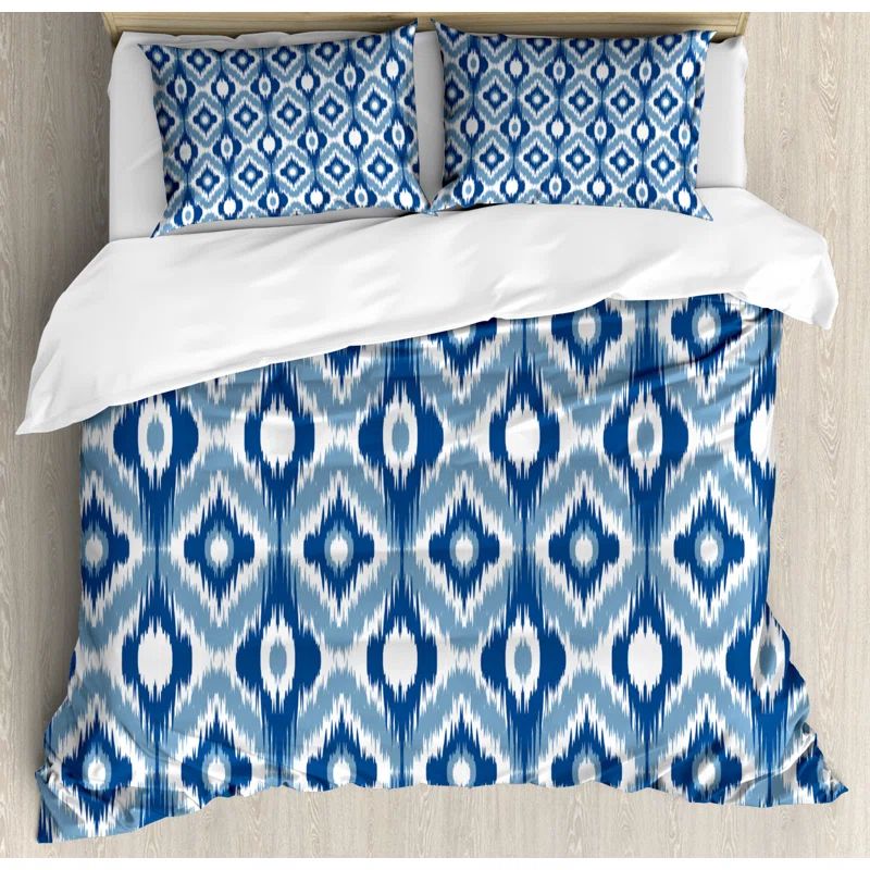 Dark Blue and White Ikat Queen Size Microfiber Duvet Cover Set
