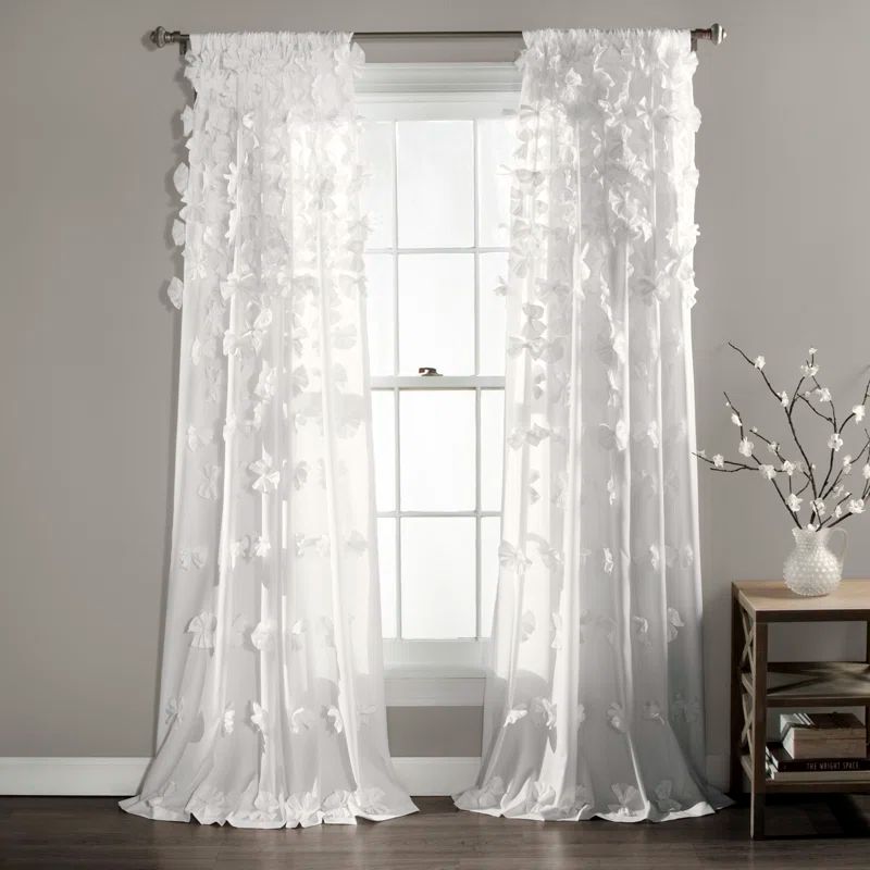 White Polyester Semi Sheer Curtain Panel with Handmade Bows