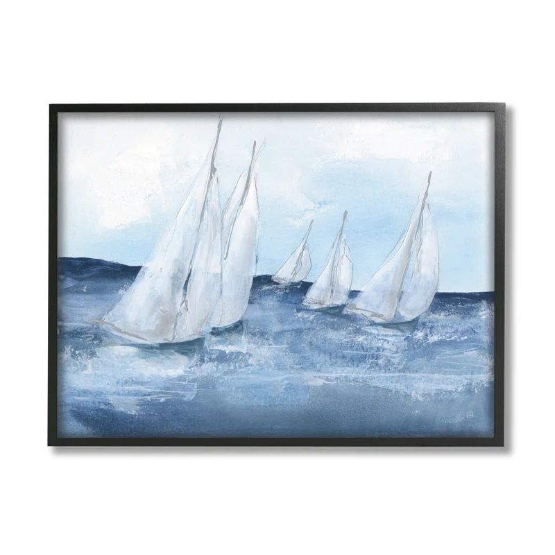 White Sailboats on Blue Ocean Canvas Print with Black Frame
