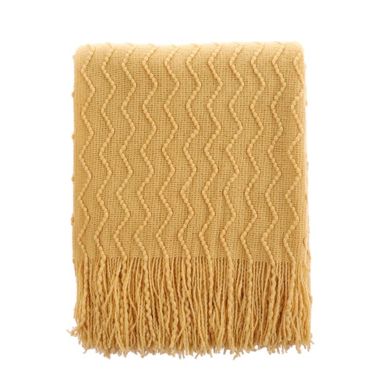 Mustard Yellow Knitted Wool Throw Blanket with Tassels, 50"x60"