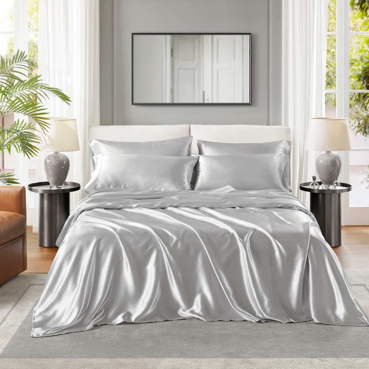 Light Grey Satin California King Sheet Set with Pillow Covers