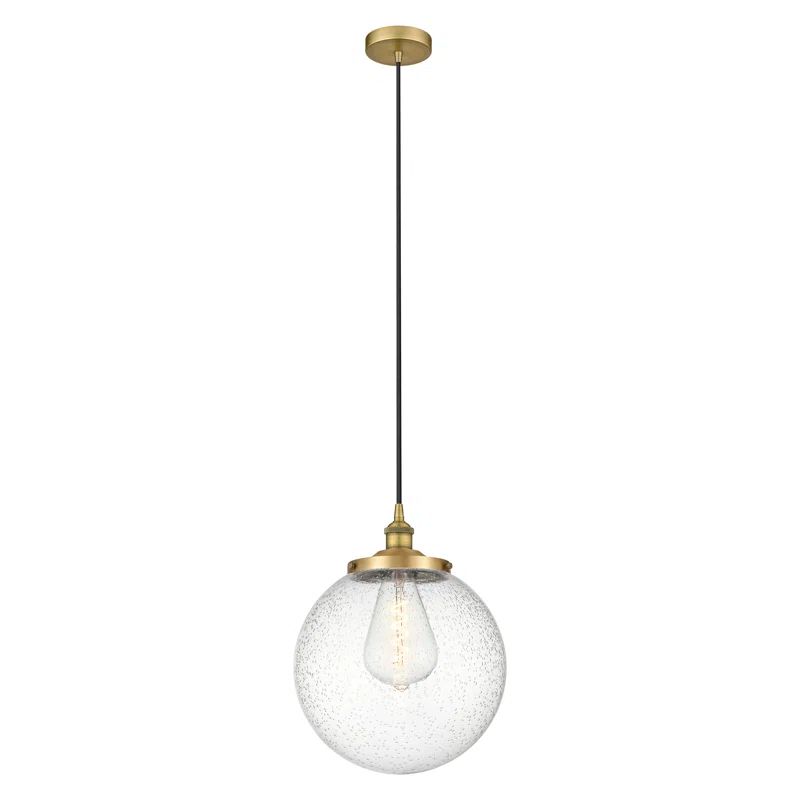 Brushed Brass Globe Pendant Light with Seedy Glass Shade