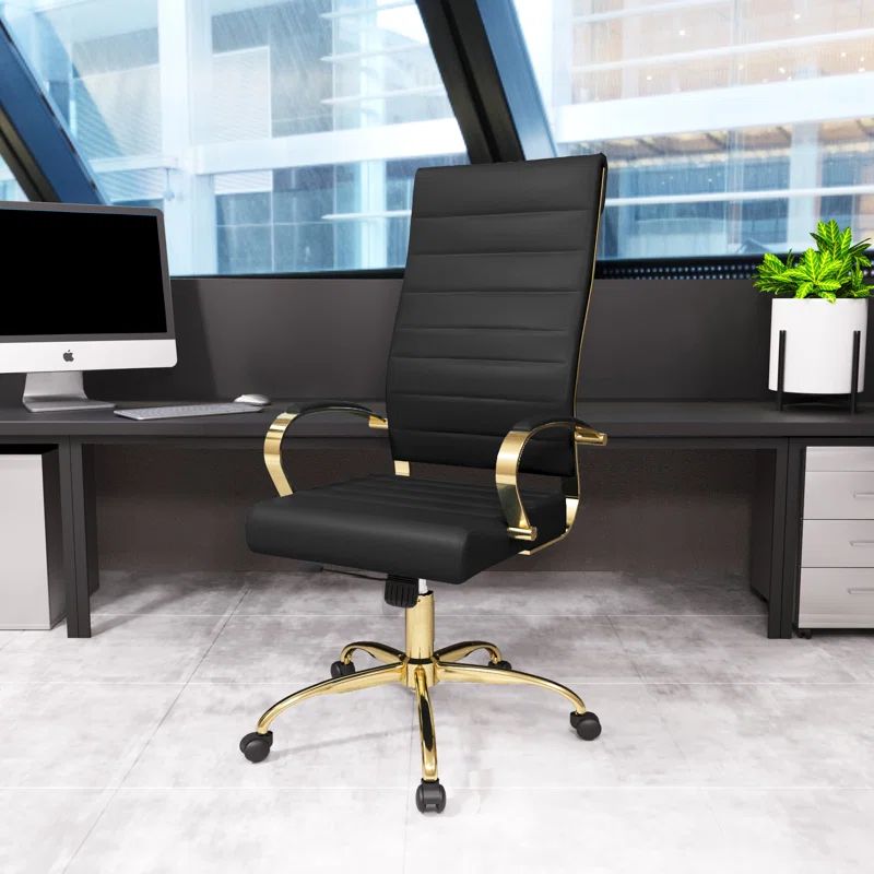 Black Leather High-Back Ergonomic Swivel Office Chair with Gold Frame