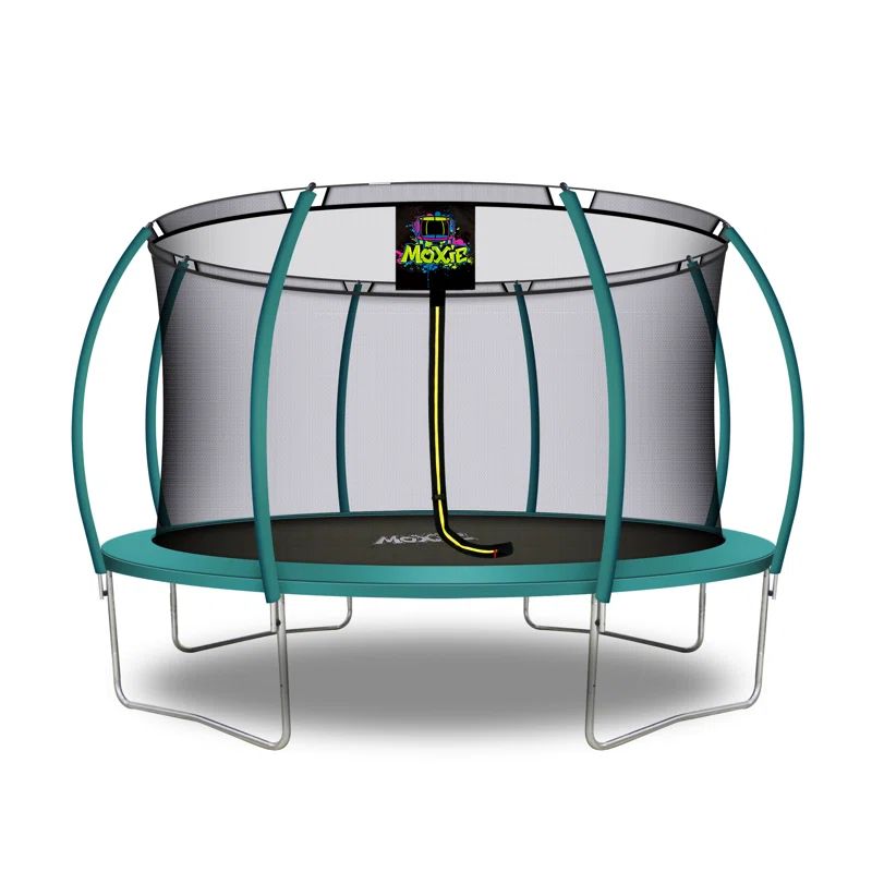 14ft Dark Green Pumpkin-Shaped Outdoor Trampoline with Enclosure