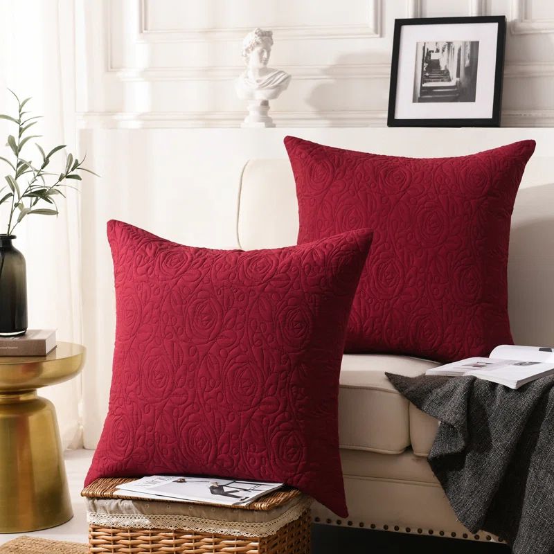 Red Embroidered Cotton Polyester Euro Sham Set