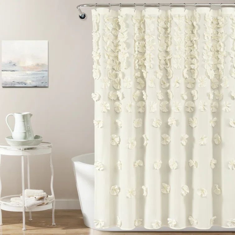 Ivory Fabric Shower Curtain with Handmade Bows, 72" x 72"