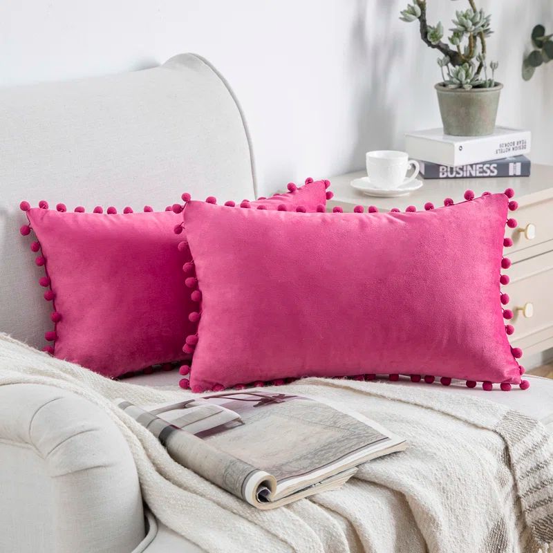 Pink Velvet Pom Pom Decorative Throw Pillow Set, 12" x 20"