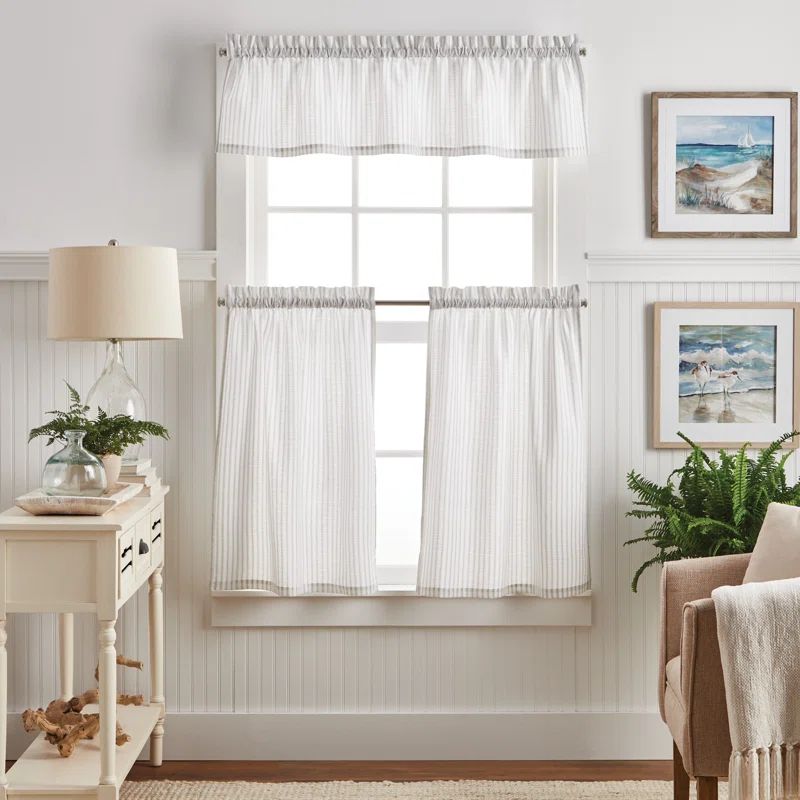 Gray and White Cotton Polyester Coastal Tier Curtains Set