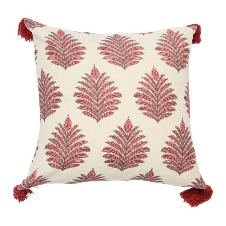 Fern Frond Red and Beige Cotton Square Pillow with Tassels