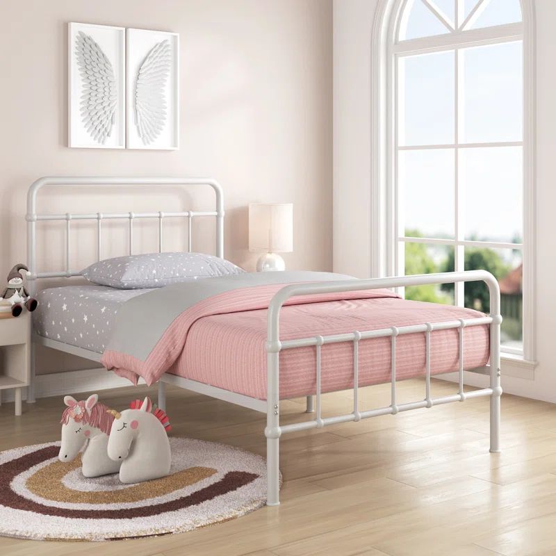 Florence White Twin Metal Platform Bed with Spindle Headboard