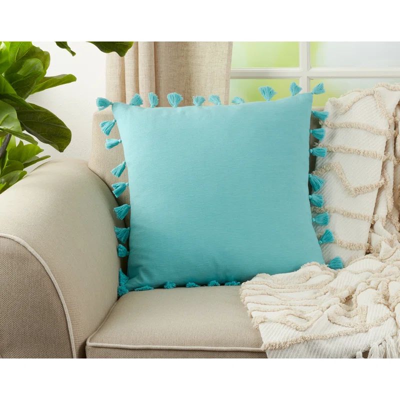 Turquoise Square Tassel Throw Pillow with Poly Filling